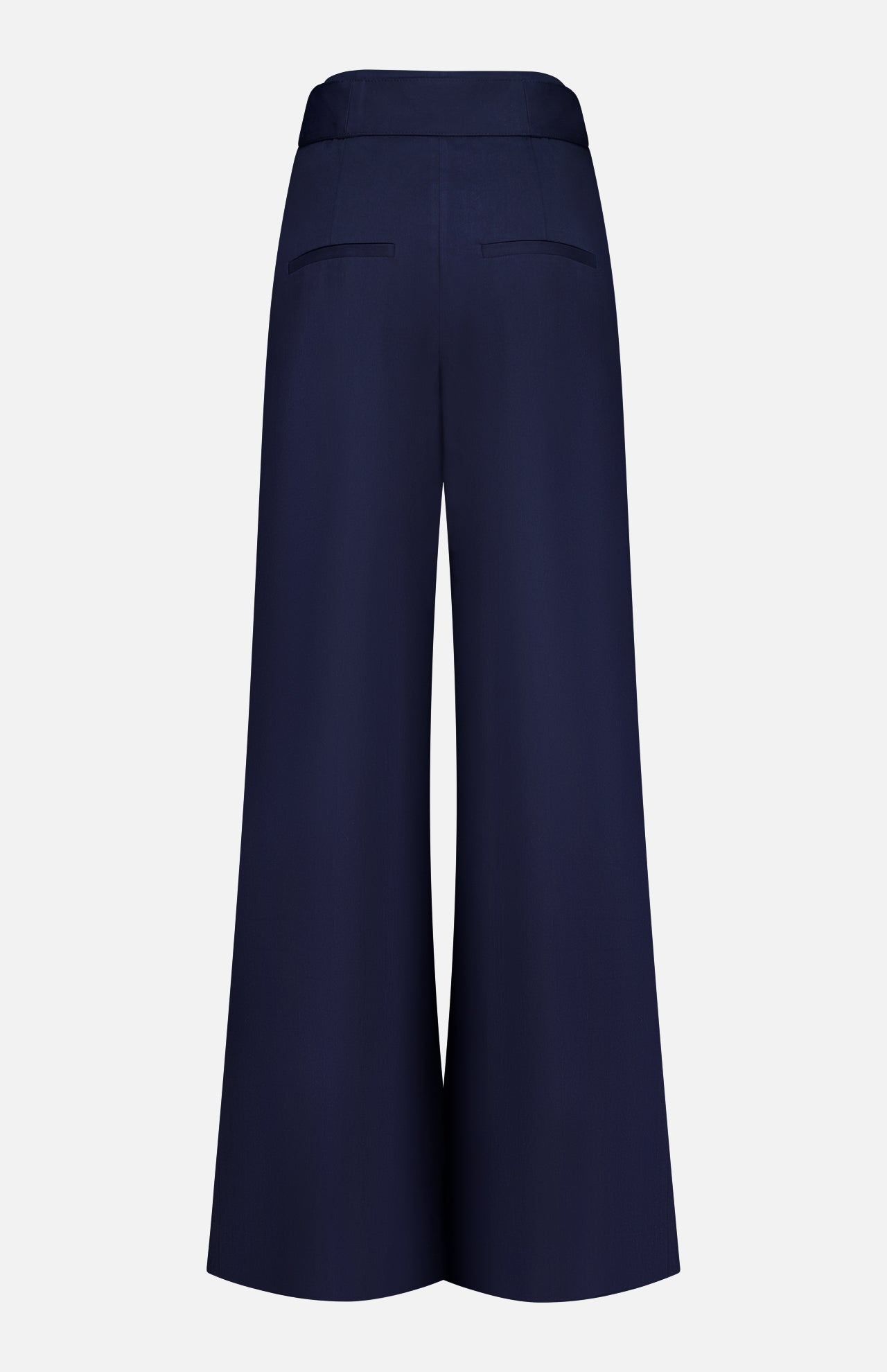 The VERONICA BEARD Allman Wide Leg Button Tab Pant is a women’s navy cotton pant with a high waist and two back welt pockets, shown against a white background.