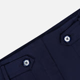 Close-up of the waistband on the VERONICA BEARD Allman Wide Leg Button Tab Pant, showing two belt loops with dark buttons and detailed stitching, set against a plain light background.