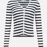 The Anwin Scallop Trim Cardigan by VERONICA BEARD features a lightweight, ribbed knit design with navy and white stripes, long sleeves, a V-neckline, and front button closure.