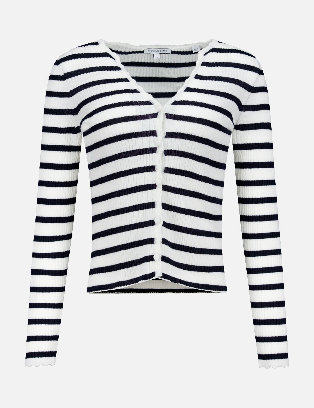 The Anwin Scallop Trim Cardigan by VERONICA BEARD features a lightweight, ribbed knit design with navy and white stripes, long sleeves, a V-neckline, and front button closure.
