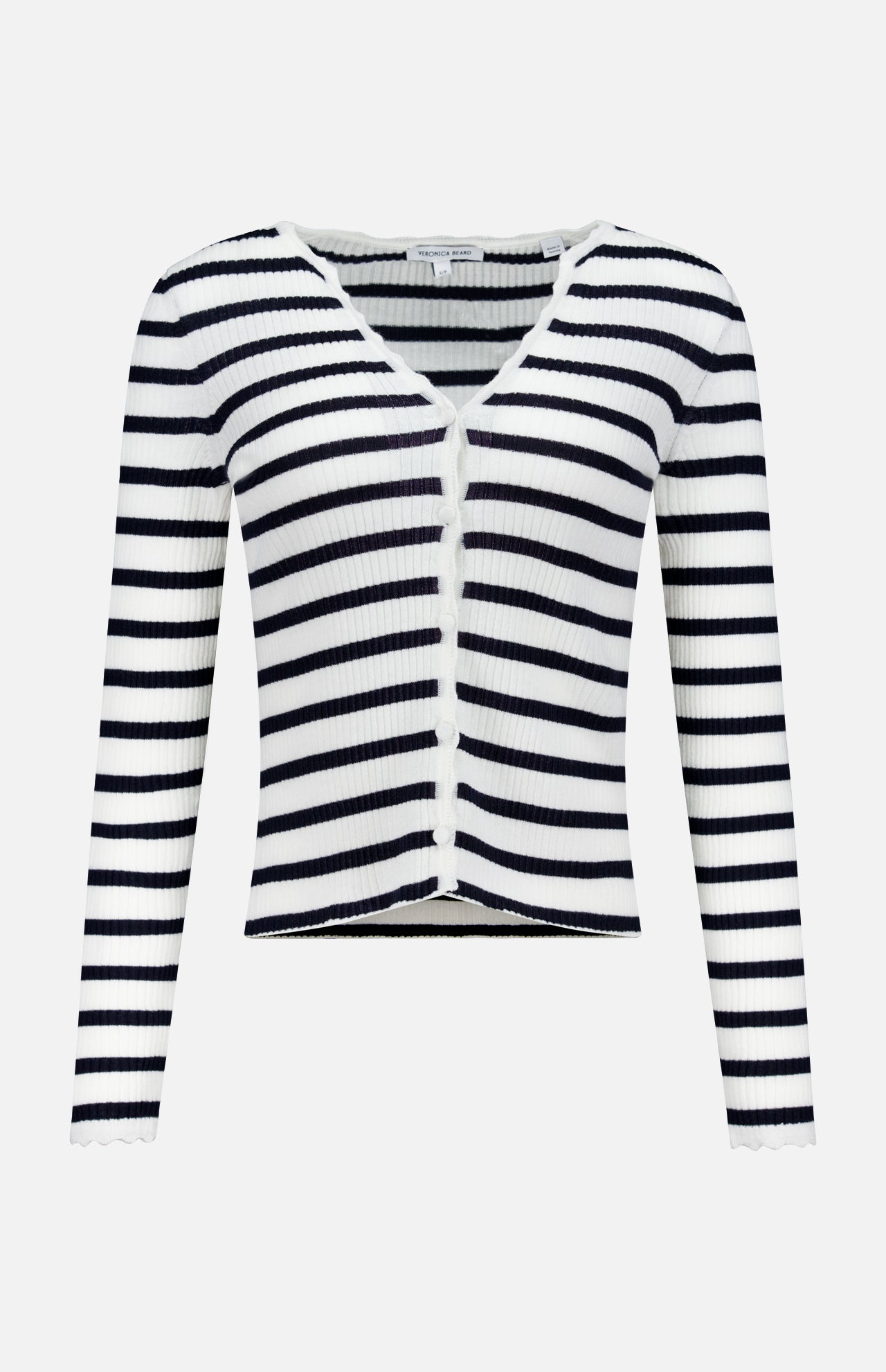 The Anwin Scallop Trim Cardigan by VERONICA BEARD features a lightweight, ribbed knit design with navy and white stripes, long sleeves, a V-neckline, and front button closure.