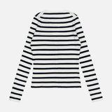 The Anwin Scallop Trim Cardigan by VERONICA BEARD is displayed from the back, featuring navy and white stripes, set against a plain white background.