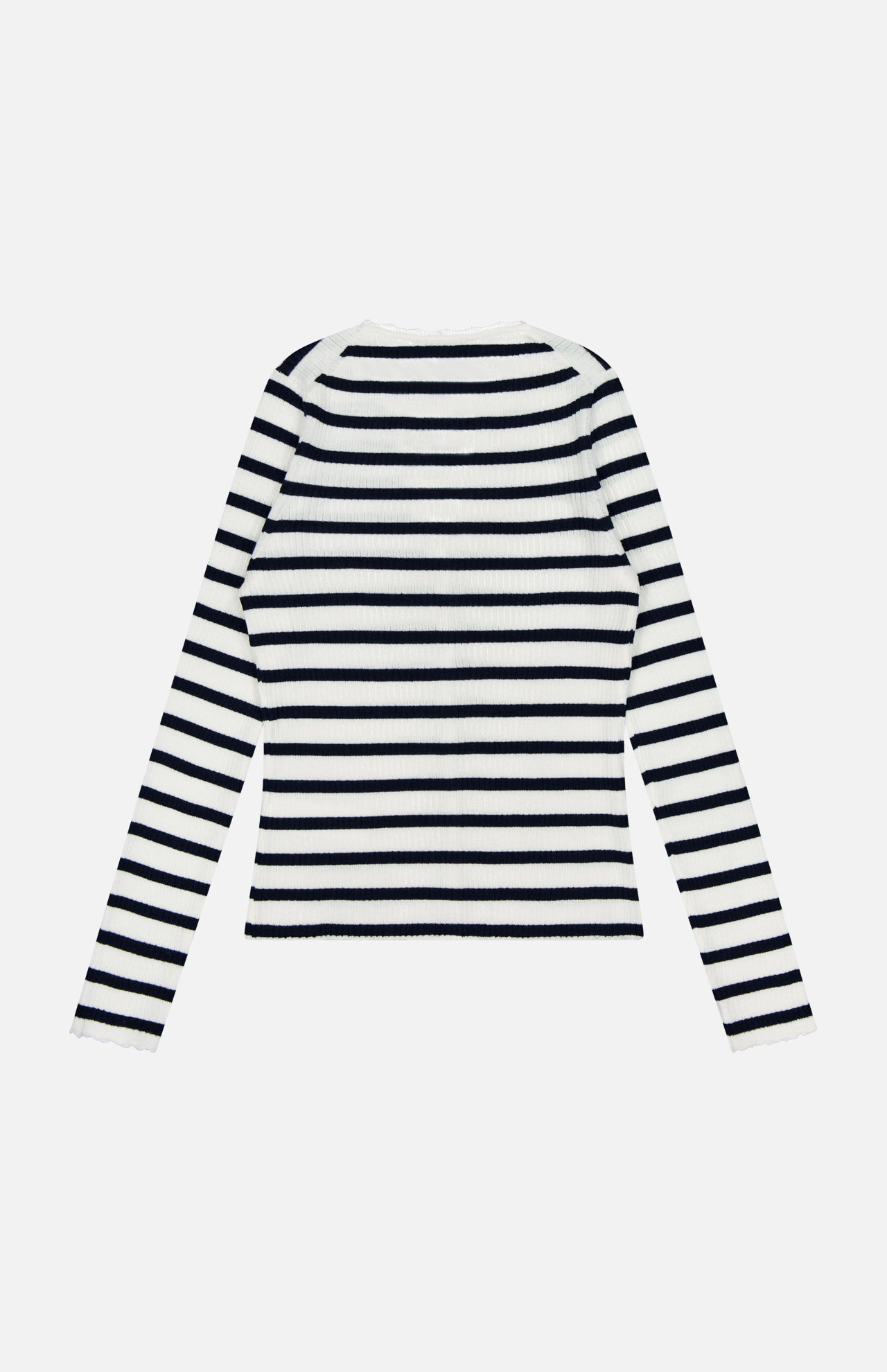 The Anwin Scallop Trim Cardigan by VERONICA BEARD is displayed from the back, featuring navy and white stripes, set against a plain white background.