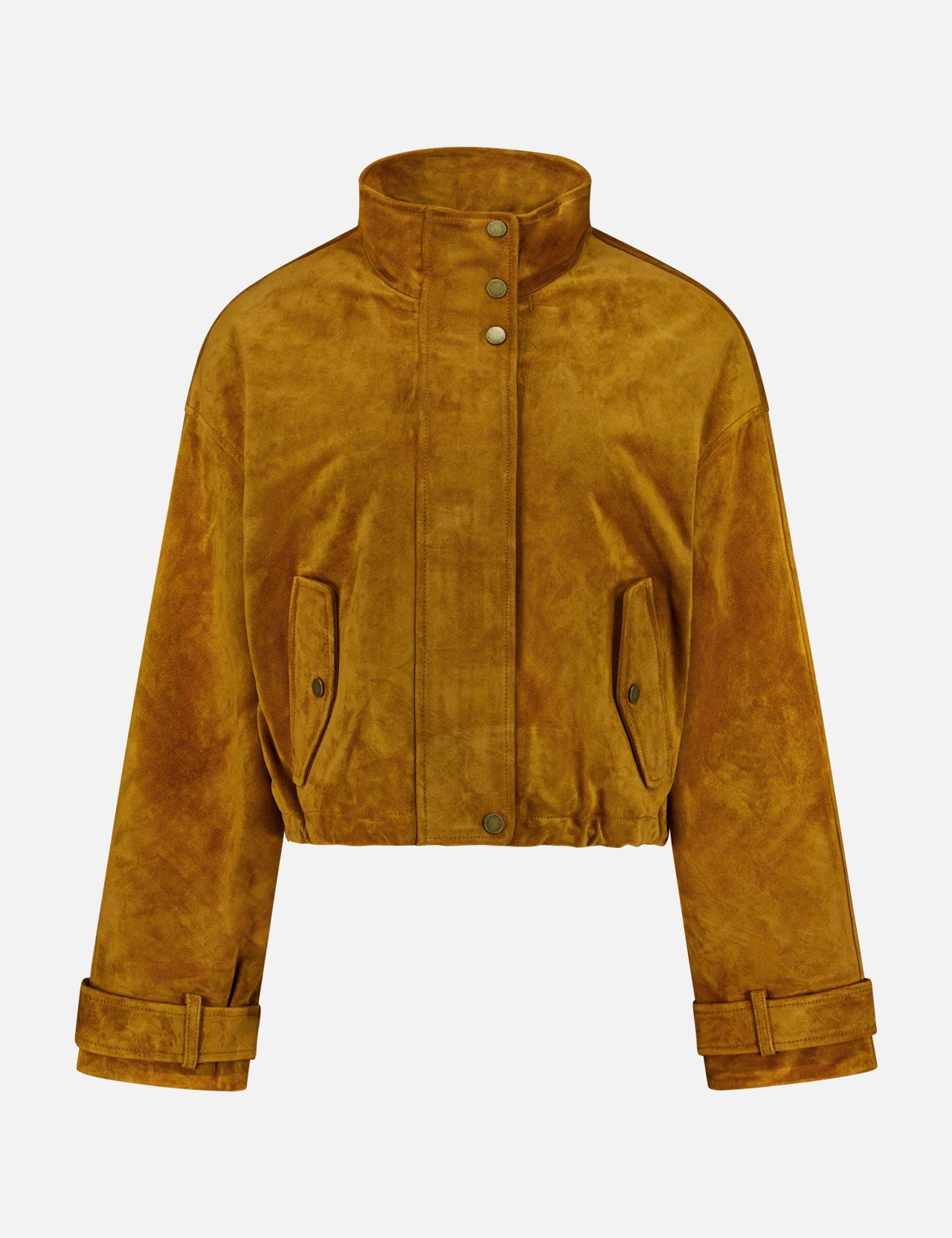 The Bateman Cropped Suede Jacket by VERONICA BEARD is a mustard yellow suede piece with a high funnel neck collar, snap buttons, flap pockets, and cuffed long sleeves—an ideal choice for stylish fall outerwear—shown against a plain white background.