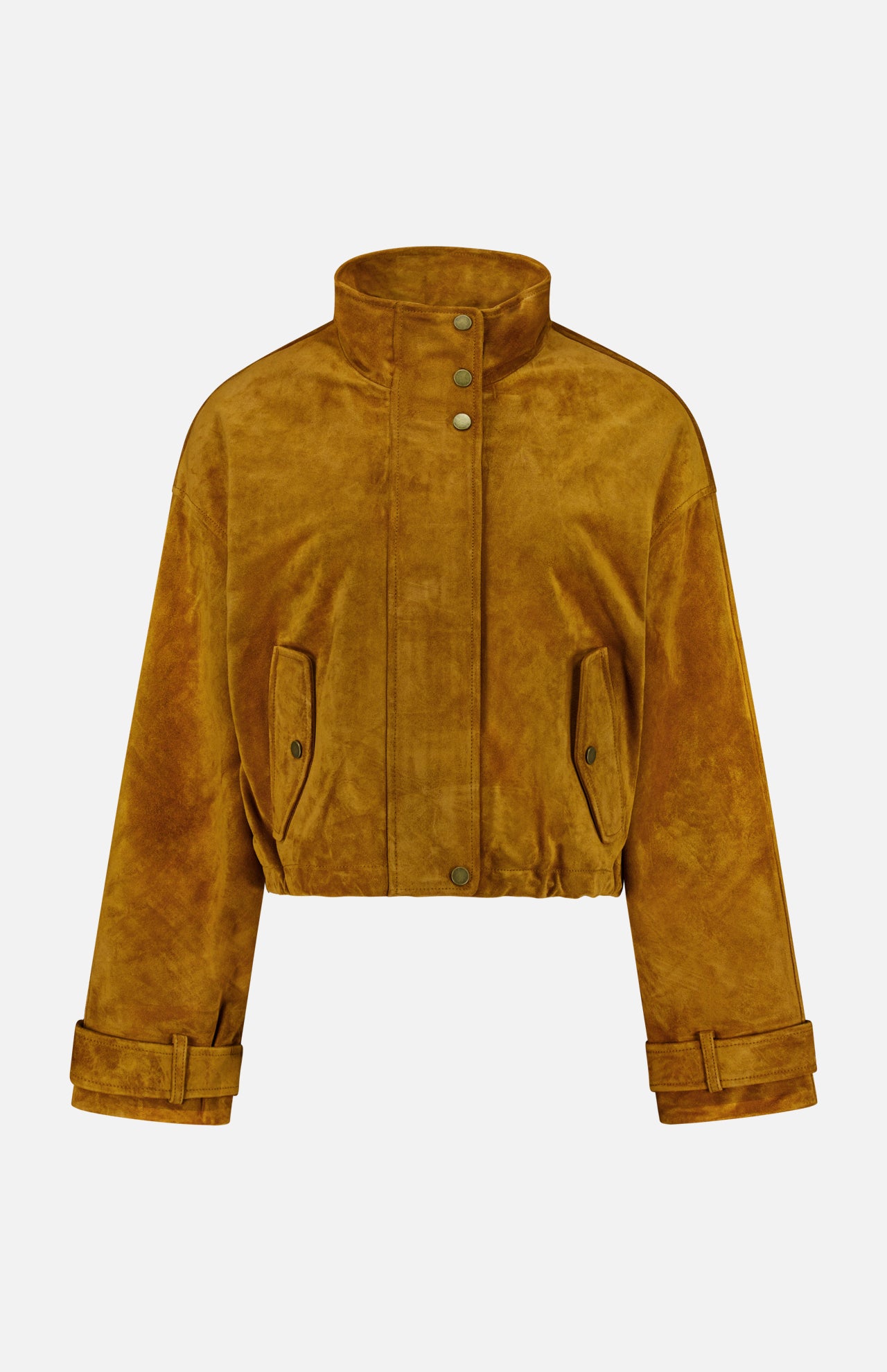 The Bateman Cropped Suede Jacket by VERONICA BEARD is a mustard yellow suede piece with a high funnel neck collar, snap buttons, flap pockets, and cuffed long sleeves—an ideal choice for stylish fall outerwear—shown against a plain white background.
