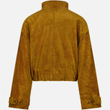 The Bateman Cropped Suede Jacket by VERONICA BEARD is crafted in rich brown suede and designed as stylish fall outerwear. It features a high funnel neck collar, long sleeves with adjustable buckled cuffs, and an elastic waistband, shown from the back against a plain white background.