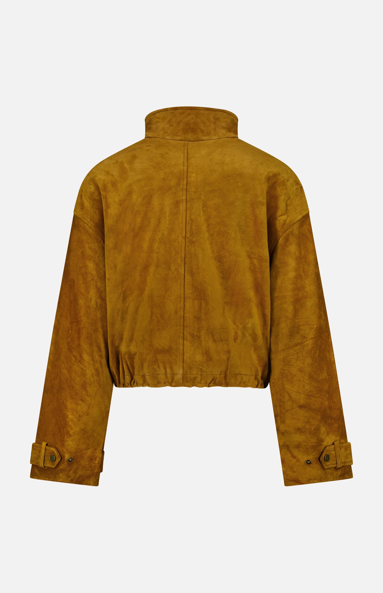 The Bateman Cropped Suede Jacket by VERONICA BEARD is crafted in rich brown suede and designed as stylish fall outerwear. It features a high funnel neck collar, long sleeves with adjustable buckled cuffs, and an elastic waistband, shown from the back against a plain white background.