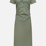 The VERONICA BEARD Besser Ruched Polo Dress in olive green micro-rib stretch cotton features short sleeves, a collared button-up neckline, waist ruching, and a flattering midi silhouette—shown on a plain white background.