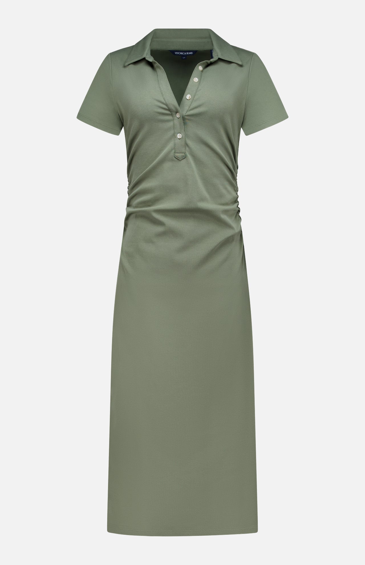 The VERONICA BEARD Besser Ruched Polo Dress in olive green micro-rib stretch cotton features short sleeves, a collared button-up neckline, waist ruching, and a flattering midi silhouette—shown on a plain white background.