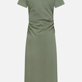 Back view of the Besser Ruched Polo Dress by VERONICA BEARD—an olive green, short-sleeved midi in micro-rib stretch cotton with a collar and gathered waist detail for a flattering silhouette.