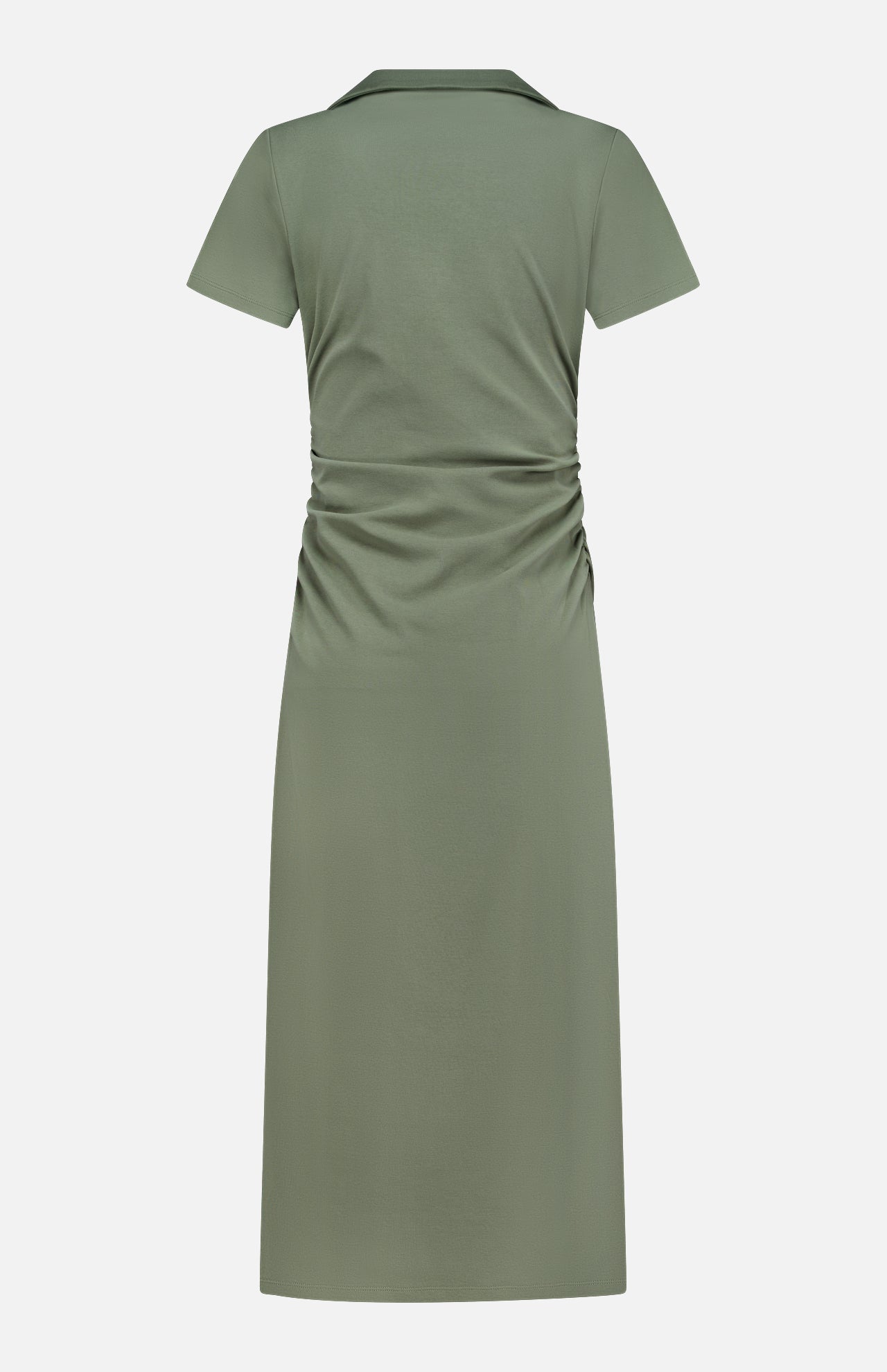 Back view of the Besser Ruched Polo Dress by VERONICA BEARD—an olive green, short-sleeved midi in micro-rib stretch cotton with a collar and gathered waist detail for a flattering silhouette.