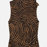 Veronica Beard Briana Ziger Print Top featuring a sleeveless, brown and black zebra-print mock-neck design with a tied detail at the right shoulder.