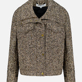 A cropped, textured brown and beige Tweed Butler Dickey Jacket by VERONICA BEARD, featuring gold buttons, a wide collar, and two front pockets. Ladylike and sophisticated, this jacket adds timeless elegance to any wardrobe.