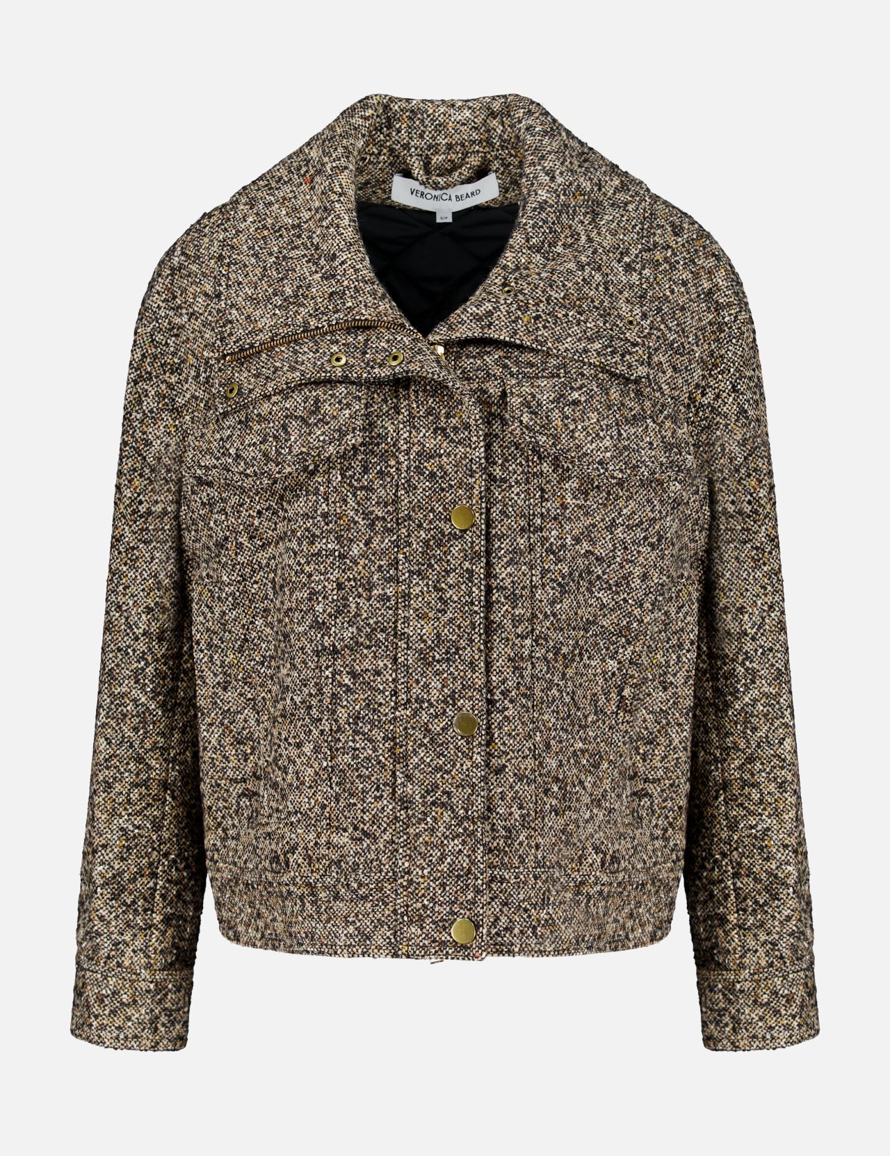 A cropped, textured brown and beige Tweed Butler Dickey Jacket by VERONICA BEARD, featuring gold buttons, a wide collar, and two front pockets. Ladylike and sophisticated, this jacket adds timeless elegance to any wardrobe.