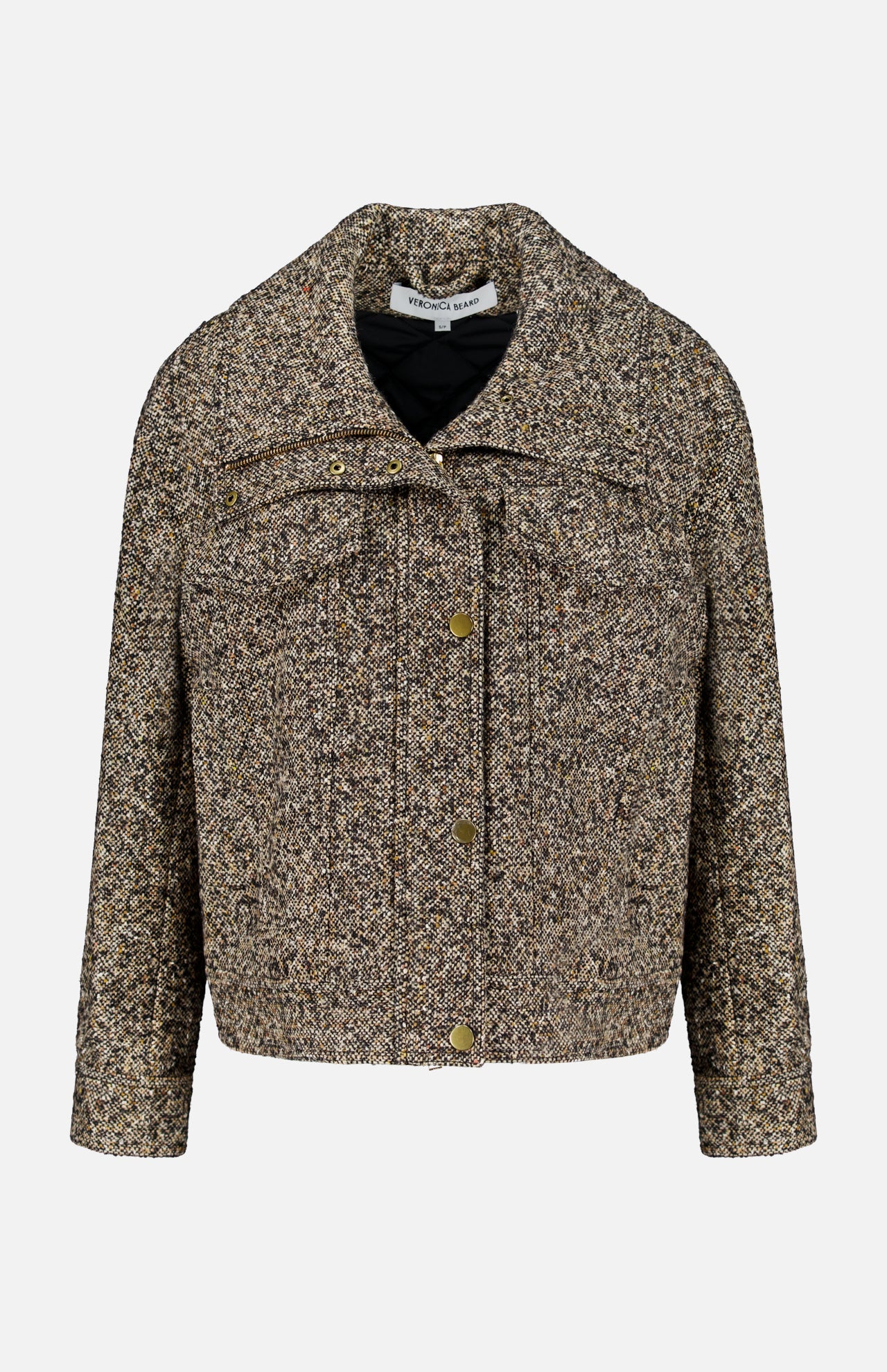 A cropped, textured brown and beige Tweed Butler Dickey Jacket by VERONICA BEARD, featuring gold buttons, a wide collar, and two front pockets. Ladylike and sophisticated, this jacket adds timeless elegance to any wardrobe.
