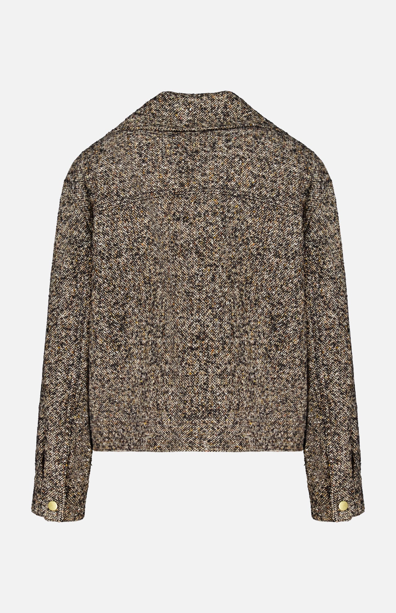 Back view of the VERONICA BEARD Tweed Butler Dickey Jacket in brown, featuring a classic collar, long sleeves, and button-detail cuffs, displayed against a plain white background—a refined, ladylike piece that is also dickey compatible.