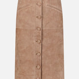 The Callisian Leather Midi Skirt by VERONICA BEARD is crafted from beige lambskin suede and features a front button closure, seam detailing, and two slanted front pockets. Designed with an A-line silhouette and a fitted waist, this midi skirt is displayed against a plain white background.