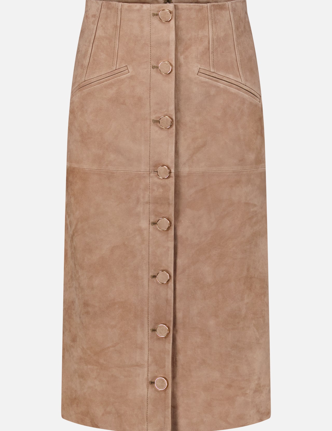 The Callisian Leather Midi Skirt by VERONICA BEARD is crafted from beige lambskin suede and features a front button closure, seam detailing, and two slanted front pockets. Designed with an A-line silhouette and a fitted waist, this midi skirt is displayed against a plain white background.