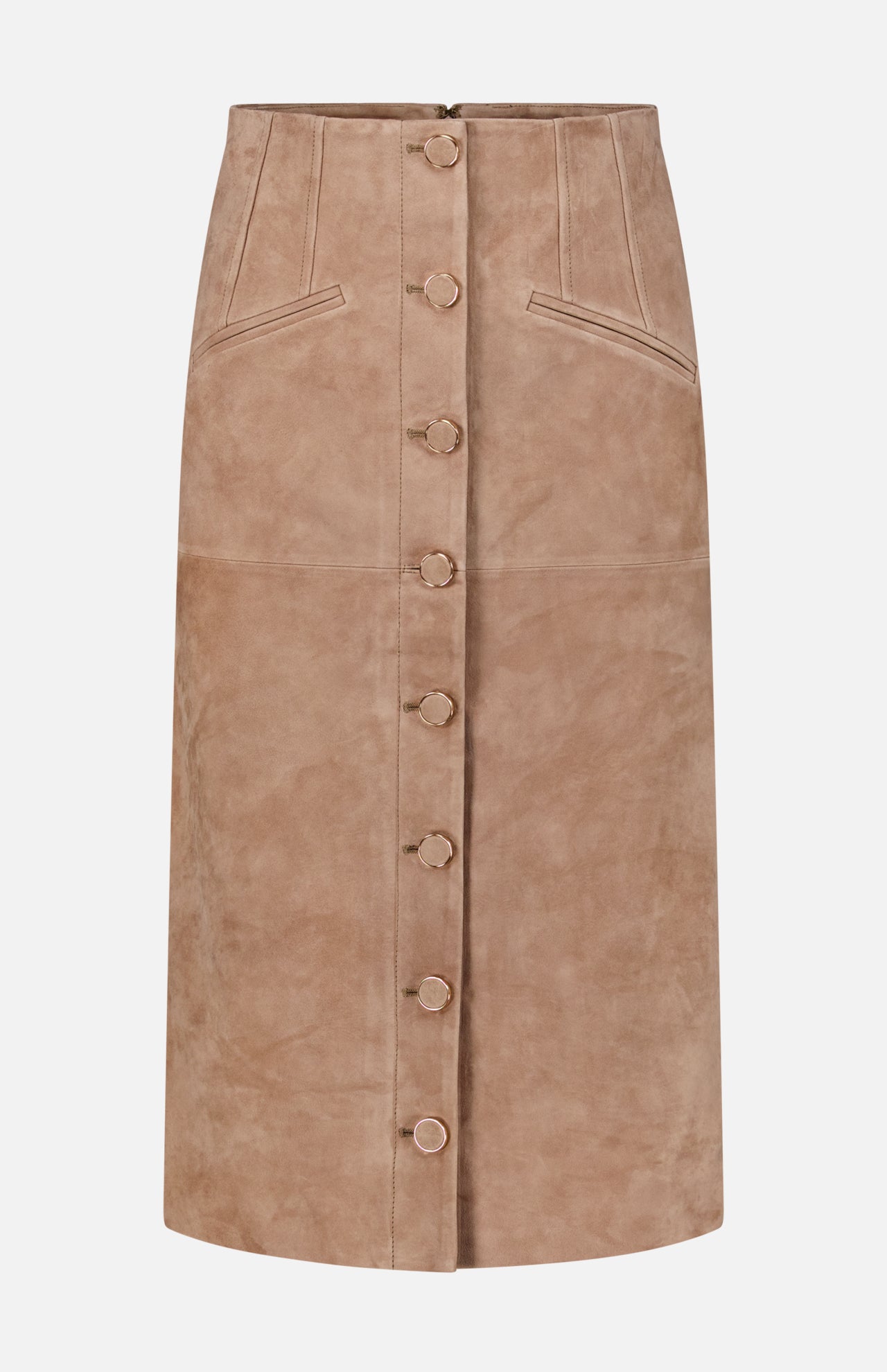 The Callisian Leather Midi Skirt by VERONICA BEARD is crafted from beige lambskin suede and features a front button closure, seam detailing, and two slanted front pockets. Designed with an A-line silhouette and a fitted waist, this midi skirt is displayed against a plain white background.