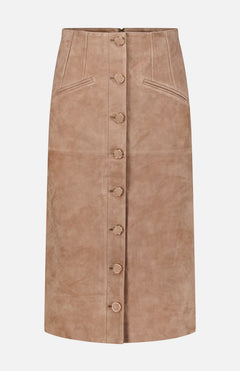 The Callisian Leather Midi Skirt by VERONICA BEARD is crafted from beige lambskin suede and features a front button closure, seam detailing, and two slanted front pockets. Designed with an A-line silhouette and a fitted waist, this midi skirt is displayed against a plain white background.
