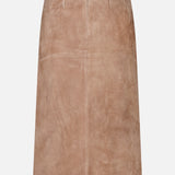 The Callisian Leather Midi Skirt by VERONICA BEARD features camel-colored lambskin suede in an A-line silhouette, with a back zipper and subtle seam detailing, shown against a white background.