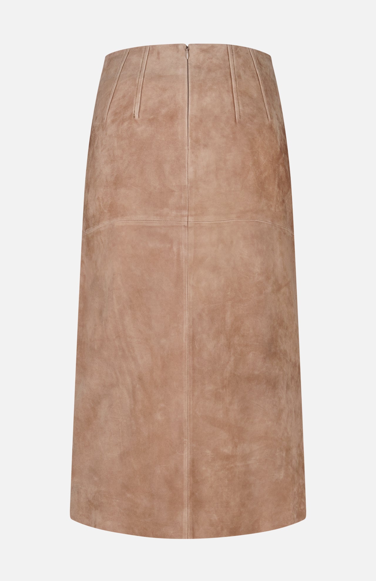 The Callisian Leather Midi Skirt by VERONICA BEARD features camel-colored lambskin suede in an A-line silhouette, with a back zipper and subtle seam detailing, shown against a white background.