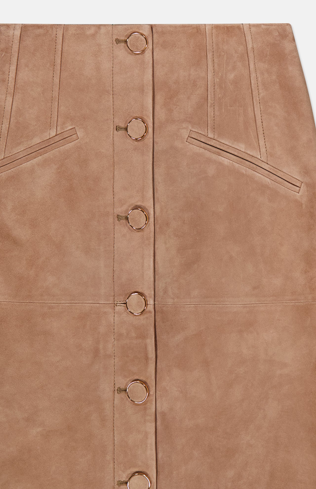 The Callisian Leather Midi Skirt by VERONICA BEARD is a luxurious brown lambskin suede A-line skirt, featuring a front button closure with gold ring details and two slanted front pockets for added style and convenience.