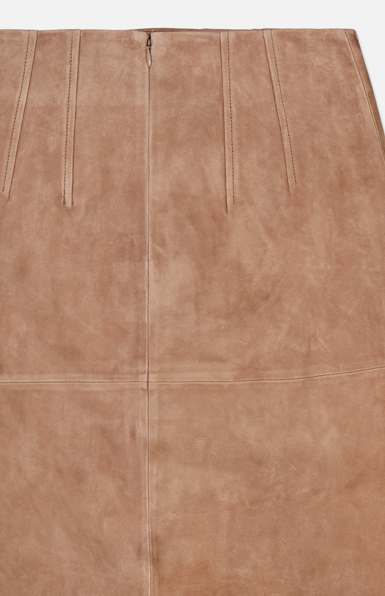 Close-up view of the VERONICA BEARD Callisian Leather Midi Skirt in beige lambskin suede, featuring smooth, soft texture, vertical seam details, and a top center back zipper.