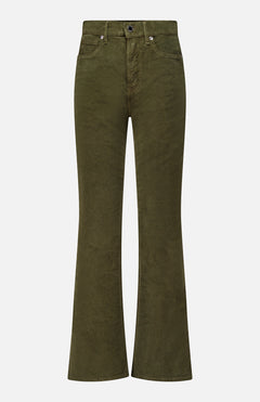 Veronica Beard Cameron Corduroy Bootcut pants in olive green stretch corduroy with a five-pocket design and a button-fly closure.