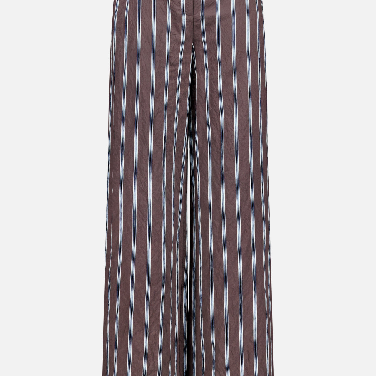 The Carraway Pant by VERONICA BEARD features a brown wide-leg design with vertical blue and white stripes, a high waistband, front button closure, and textured fabric, shown against a plain white background.