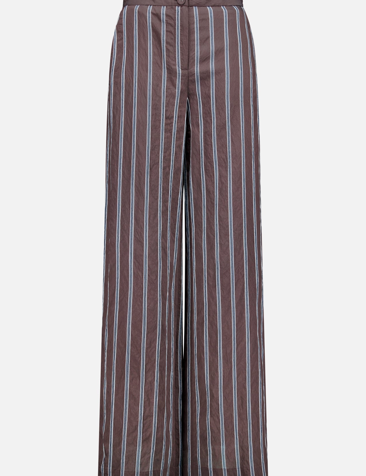 The Carraway Pant by VERONICA BEARD features a brown wide-leg design with vertical blue and white stripes, a high waistband, front button closure, and textured fabric, shown against a plain white background.