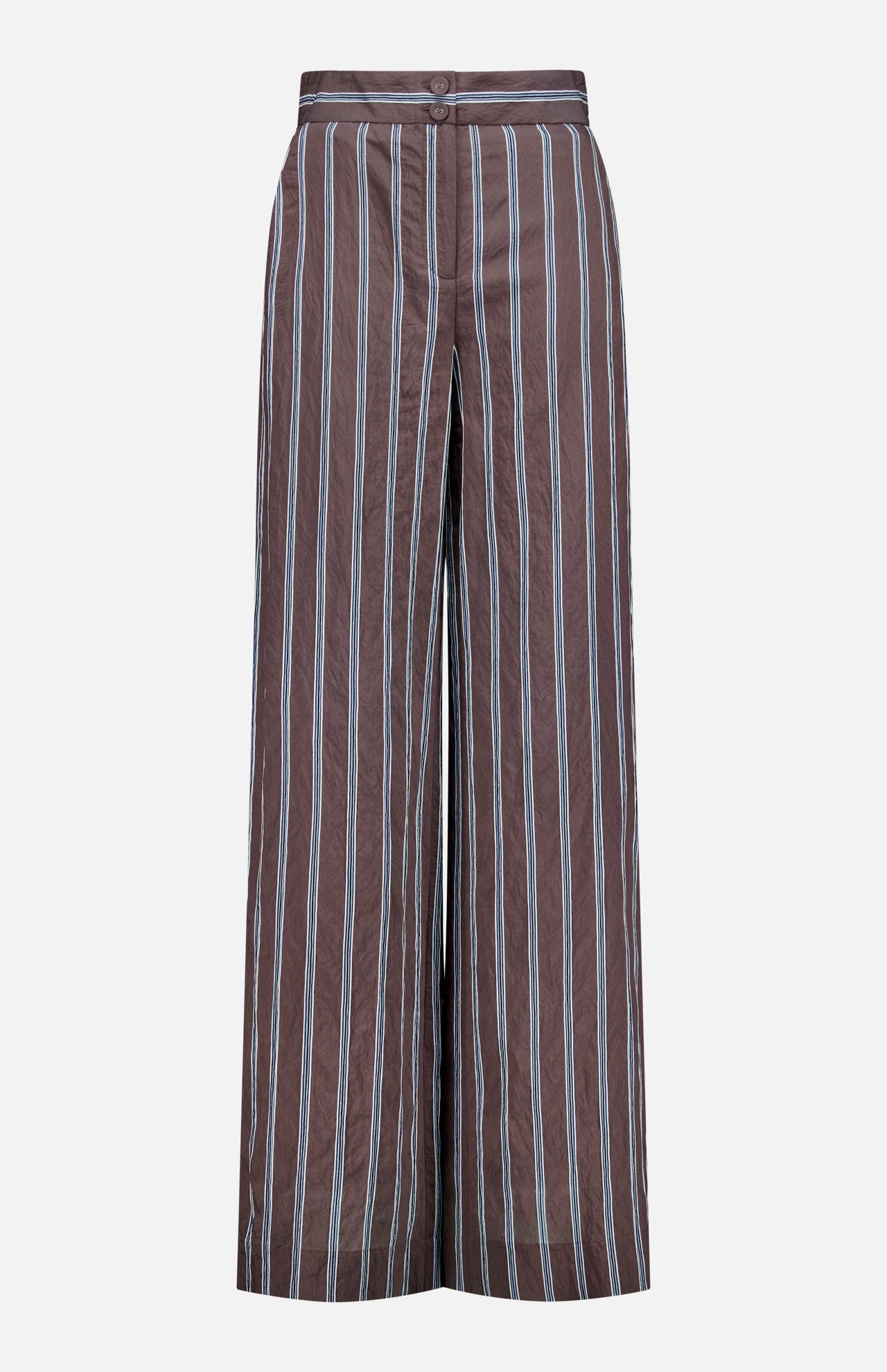 The Carraway Pant by VERONICA BEARD features a brown wide-leg design with vertical blue and white stripes, a high waistband, front button closure, and textured fabric, shown against a plain white background.