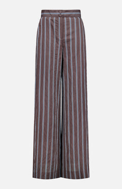 The Carraway Pant by VERONICA BEARD features a brown wide-leg design with vertical blue and white stripes, a high waistband, front button closure, and textured fabric, shown against a plain white background.