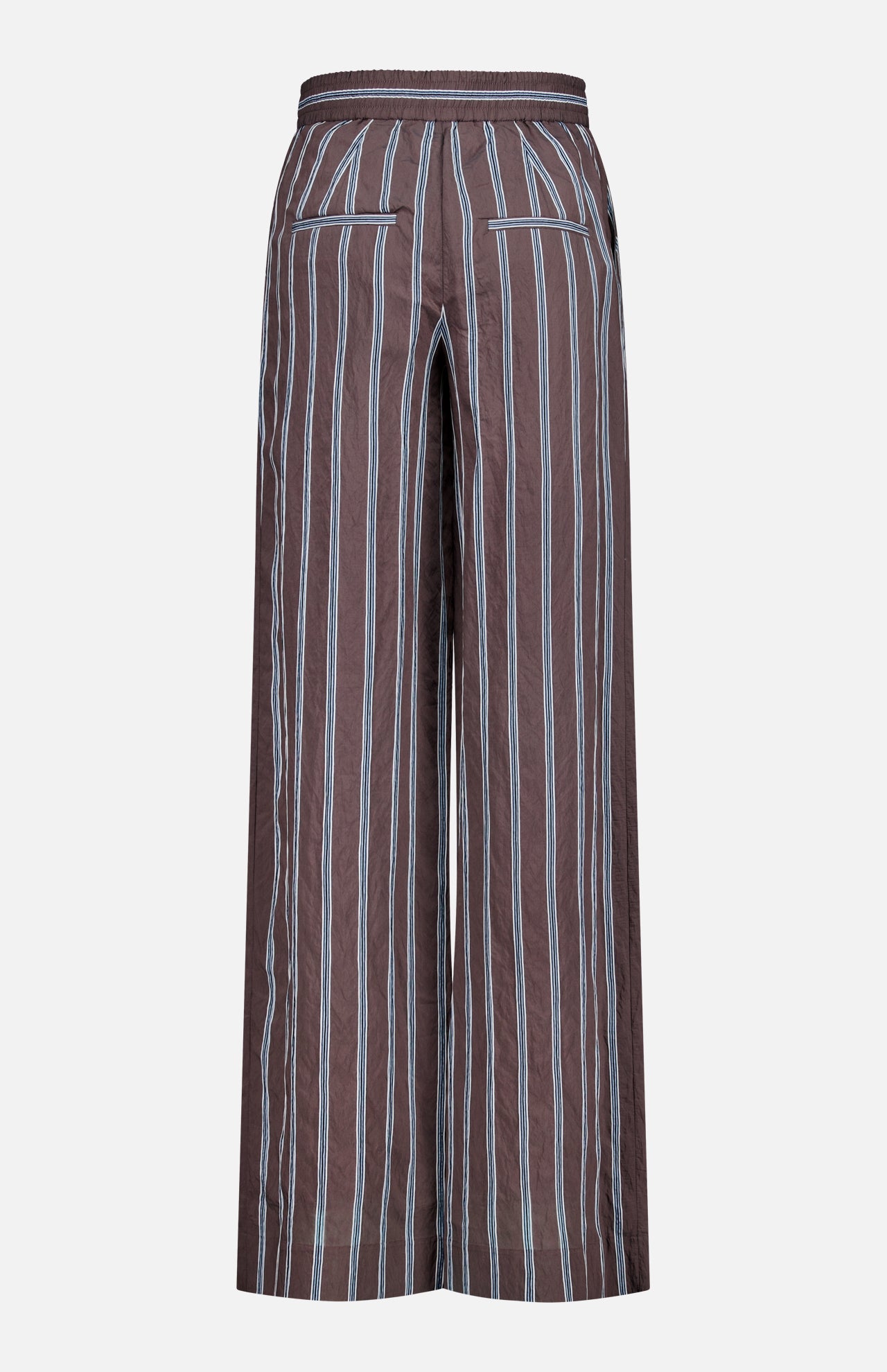The Carraway Pant by VERONICA BEARD features a brown wide-leg design with vertical light blue and white textured stripes, two back welt pockets, an elastic waistband, and a high-rise fit. Shown against a plain white background.