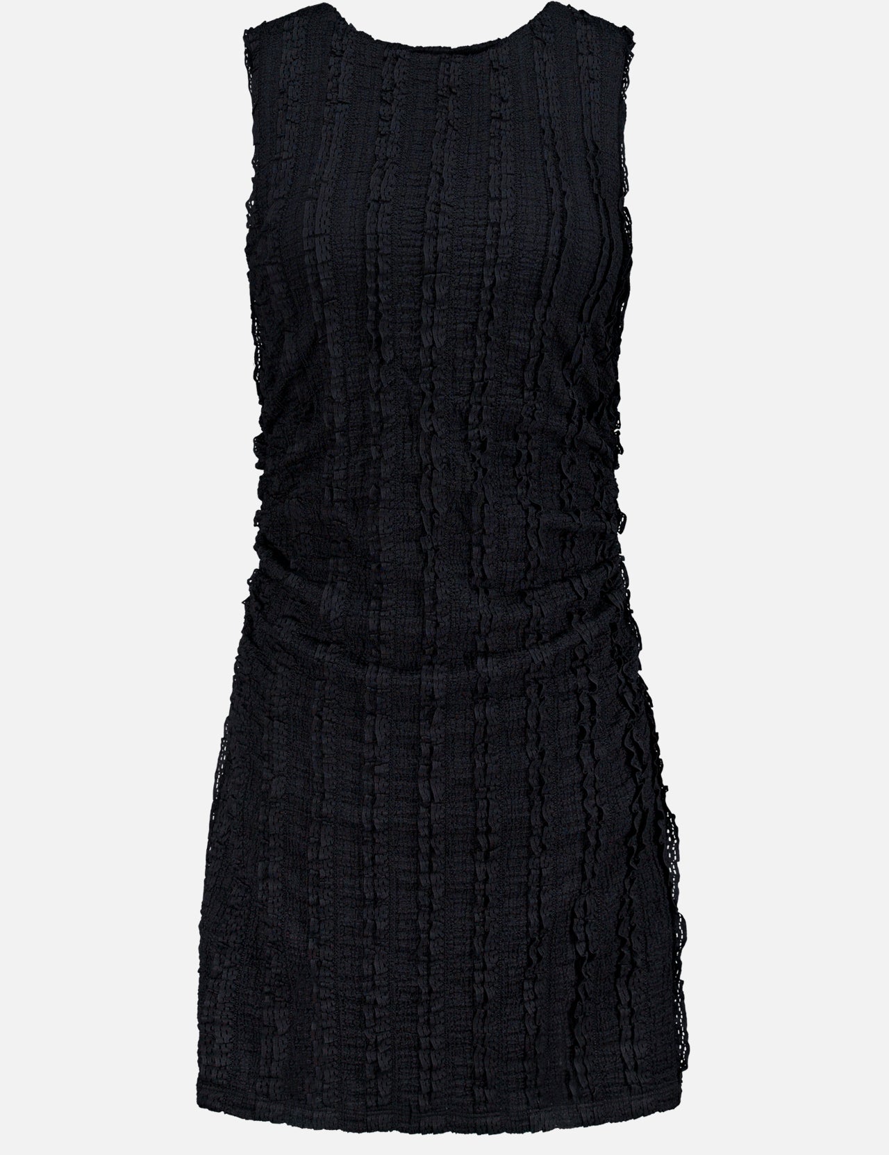 The Charissa Ruched Mini Dress by VERONICA BEARD is a sleeveless black textured mini dress featuring a round neckline, ruched sides, and a fitted silhouette, displayed against a plain light gray background.
