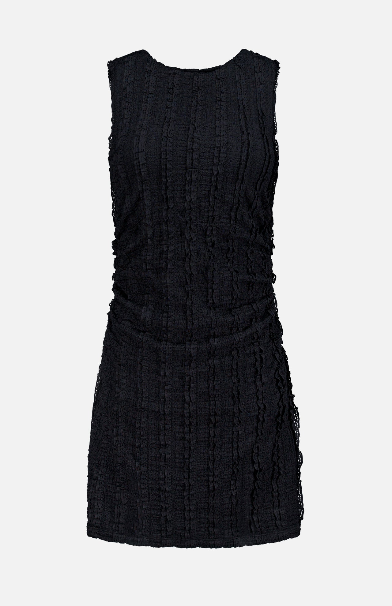 The Charissa Ruched Mini Dress by VERONICA BEARD is a sleeveless black textured mini dress featuring a round neckline, ruched sides, and a fitted silhouette, displayed against a plain light gray background.