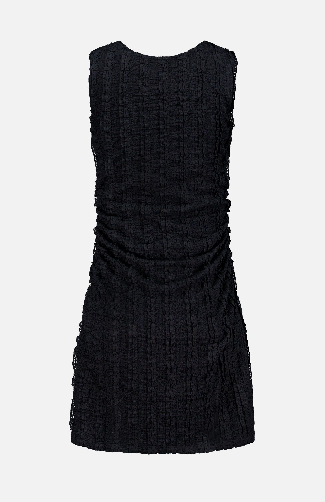 The Charissa Ruched Mini Dress by VERONICA BEARD is a sleeveless black mini dress featuring a subtle plaid texture, shown from the back. Designed with gathered ruching along the sides, this body-sculpting dress offers a slightly fitted silhouette against a plain light gray background.