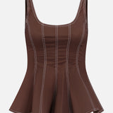 The Charlie Corset-inspired Top by VERONICA BEARD is a sleeveless mocha brown tank made from stretch cotton poplin, featuring white vertical contrast stitching, a scoop neckline, and a peplum hem against a plain white background.