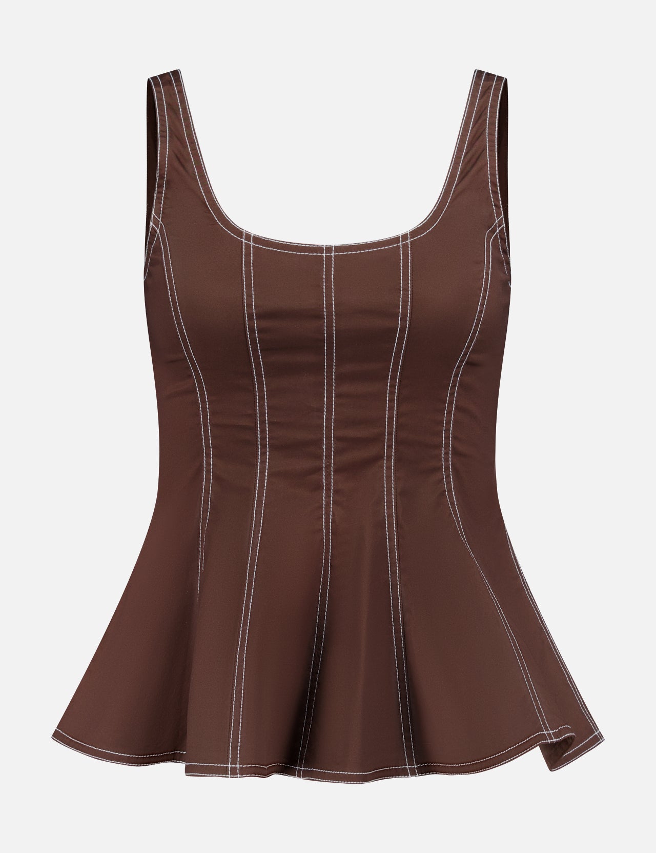 The Charlie Corset-inspired Top by VERONICA BEARD is a sleeveless mocha brown tank made from stretch cotton poplin, featuring white vertical contrast stitching, a scoop neckline, and a peplum hem against a plain white background.