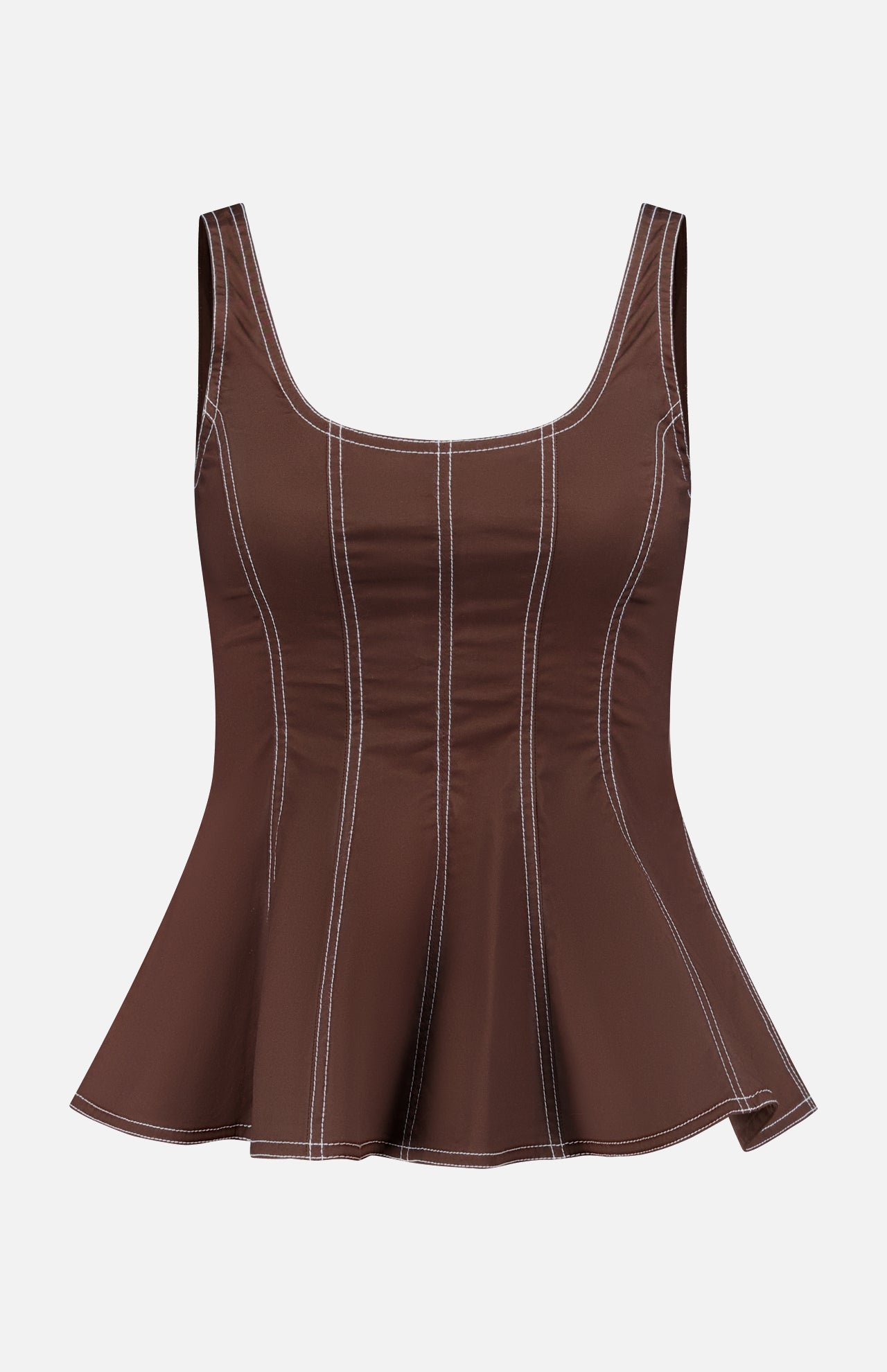 The Charlie Corset-inspired Top by VERONICA BEARD is a sleeveless mocha brown tank made from stretch cotton poplin, featuring white vertical contrast stitching, a scoop neckline, and a peplum hem against a plain white background.