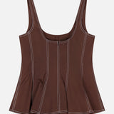 The Charlie Corset-inspired Top by VERONICA BEARD is a mocha brown tank with white contrast stitching, scoop neckline, fitted bodice, and flared peplum hem in stretch cotton poplin. Shown on a white background.