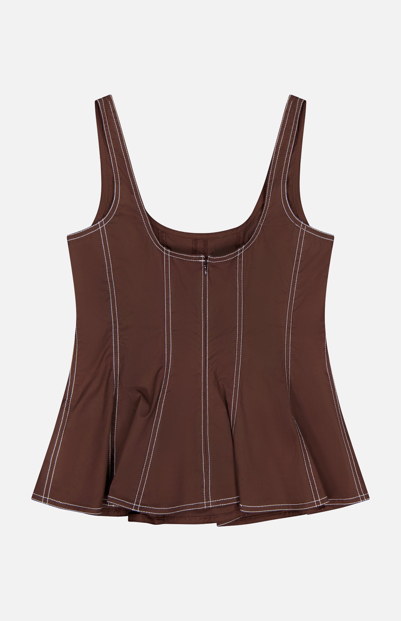 The Charlie Corset-inspired Top by VERONICA BEARD is a mocha brown tank with white contrast stitching, scoop neckline, fitted bodice, and flared peplum hem in stretch cotton poplin. Shown on a white background.