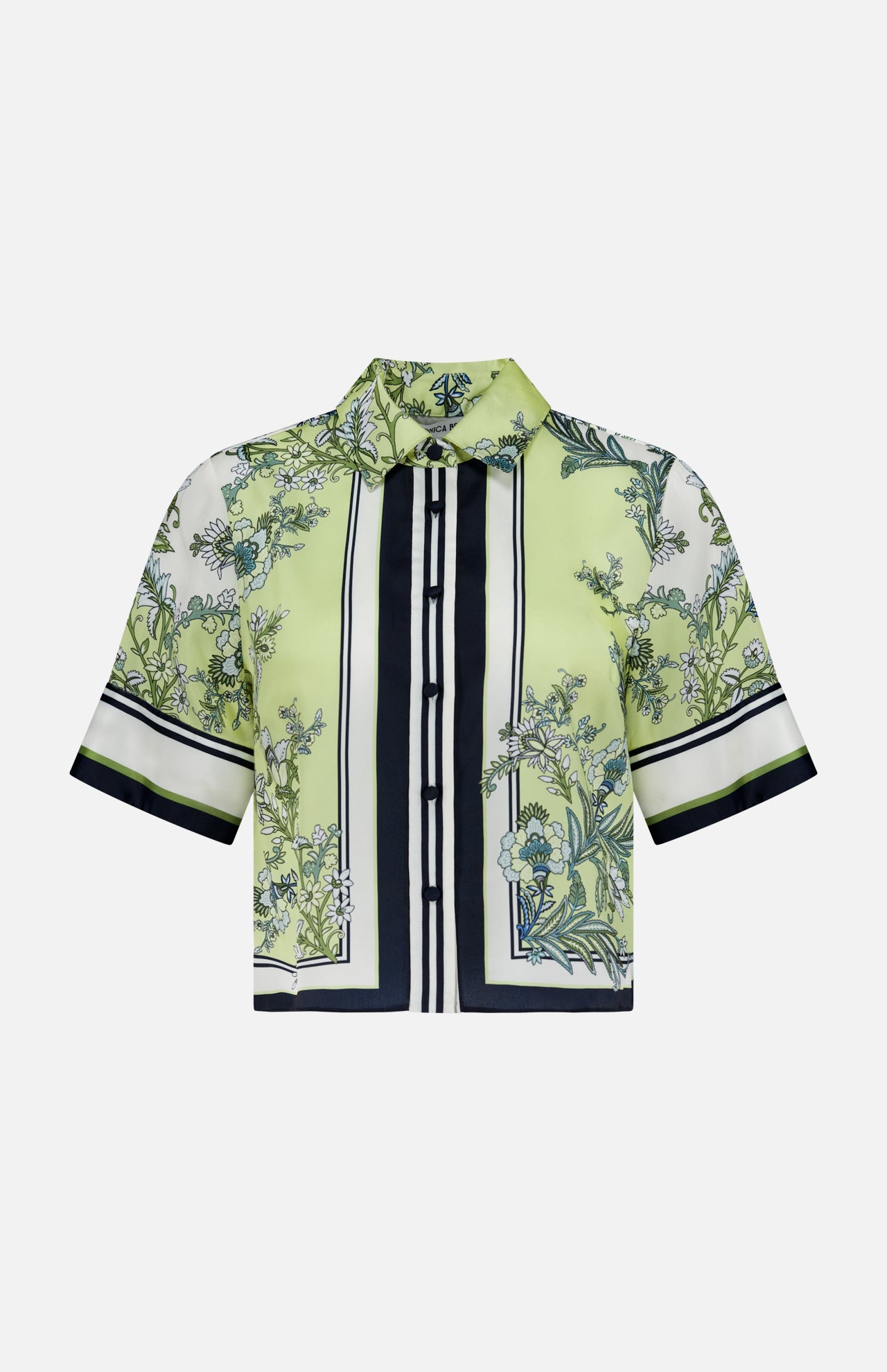 The VERONICA BEARD Clean Spruce Cropped Top is a short-sleeve, boxy fit button-down blouse in light green with a botanical floral print, black vertical stripes, and white and black trim on the sleeves and front.