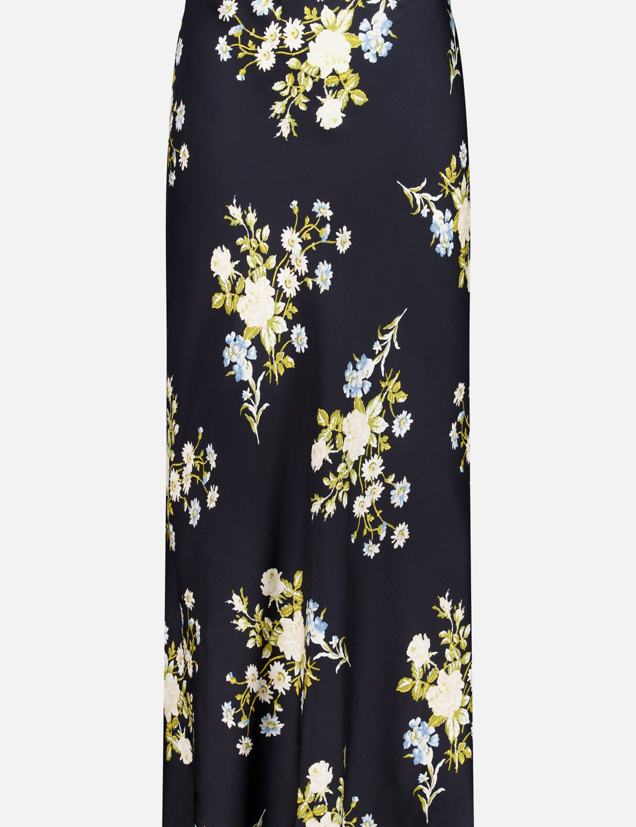 The Clover Floral Midi Skirt by VERONICA BEARD is a black slip skirt crafted from stretch georgette, featuring an elegant midi length and adorned with a vibrant pattern of white, yellow, and blue flowers with green leaves scattered across the fabric. This stylish skirt effortlessly blends comfort and sophistication for any occasion.