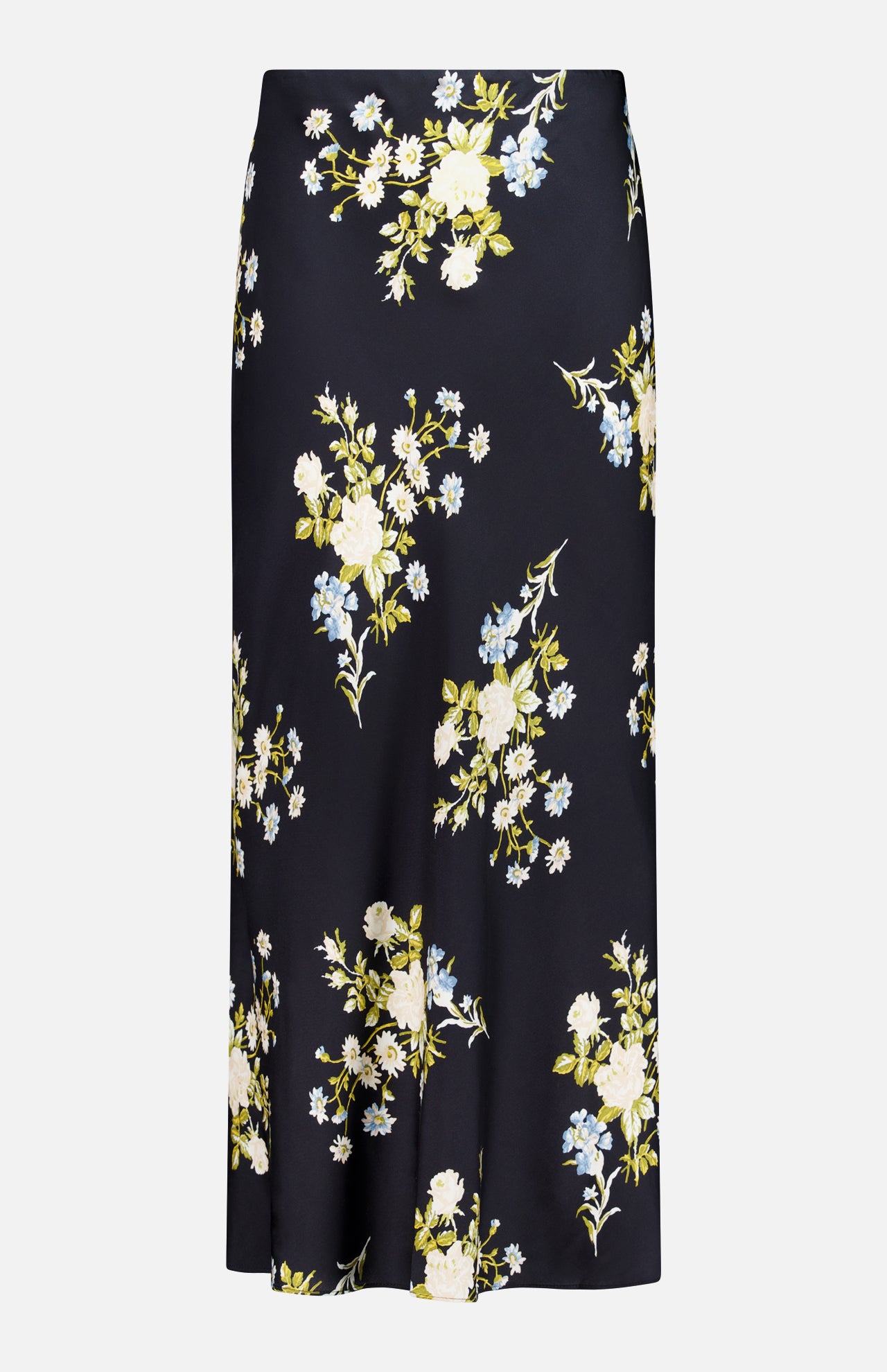 The Clover Floral Midi Skirt by VERONICA BEARD is a black slip skirt crafted from stretch georgette, featuring an elegant midi length and adorned with a vibrant pattern of white, yellow, and blue flowers with green leaves scattered across the fabric. This stylish skirt effortlessly blends comfort and sophistication for any occasion.