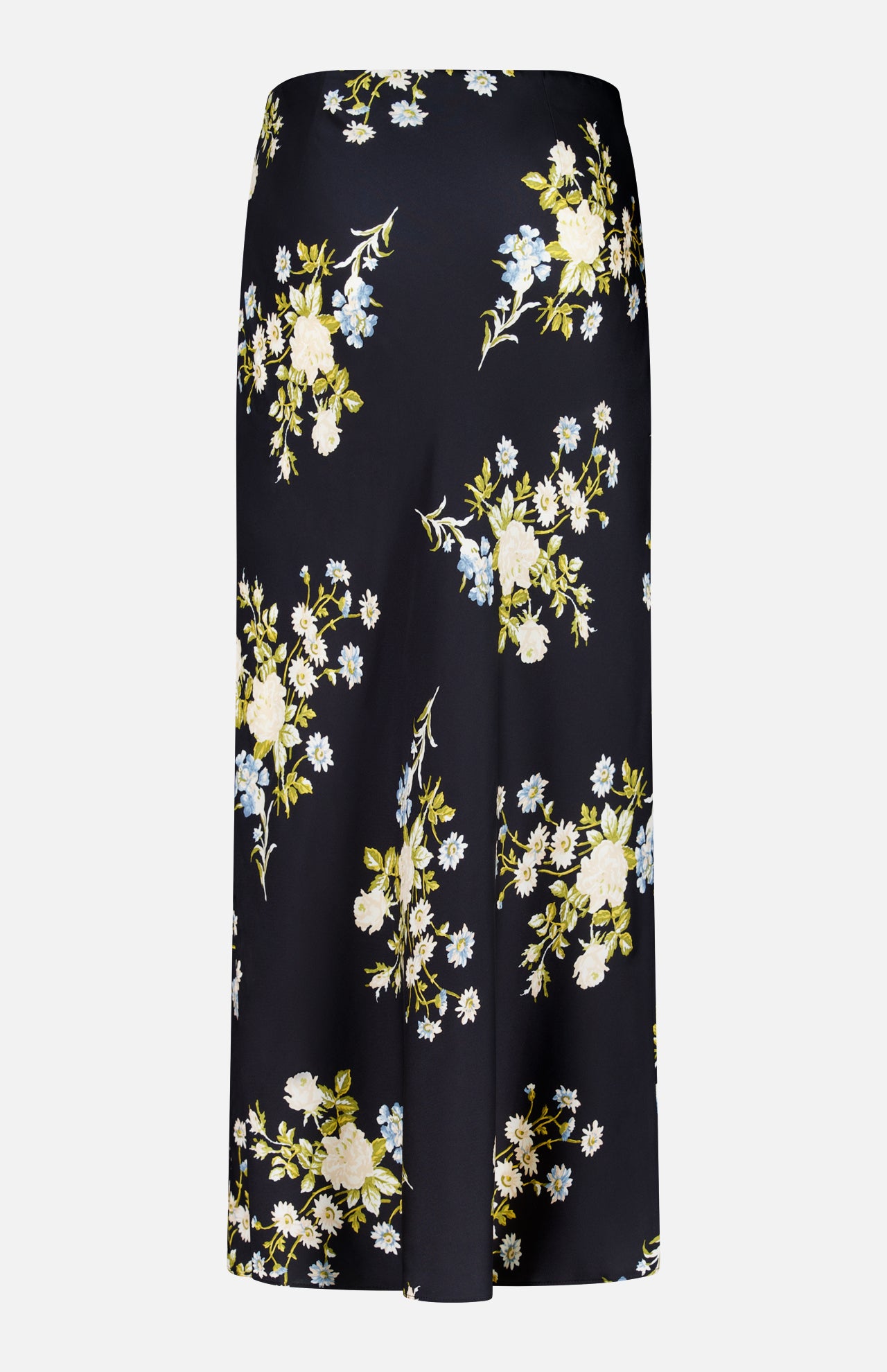 The Clover Floral Midi Skirt by VERONICA BEARD is a long, black slip skirt adorned with a floral pattern featuring white, yellow, and blue flowers with green leaves. Crafted from stretch georgette, the skirt is showcased against a plain white background.