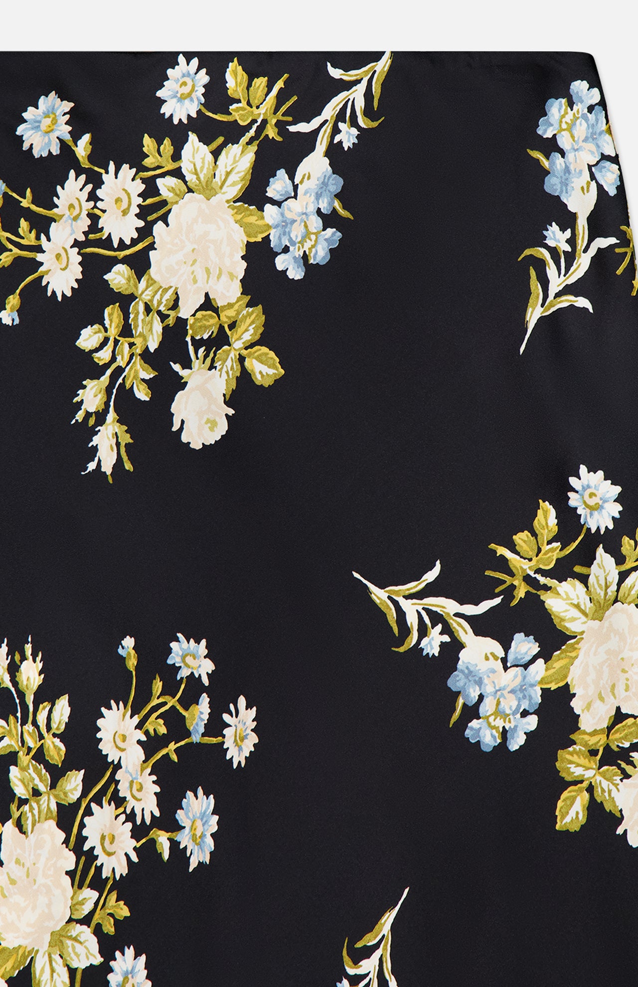 The Clover Floral Midi Skirt by VERONICA BEARD features black stretch georgette adorned with white and blue floral clusters and green leaves—a chic option for an elegant midi or slip skirt look.