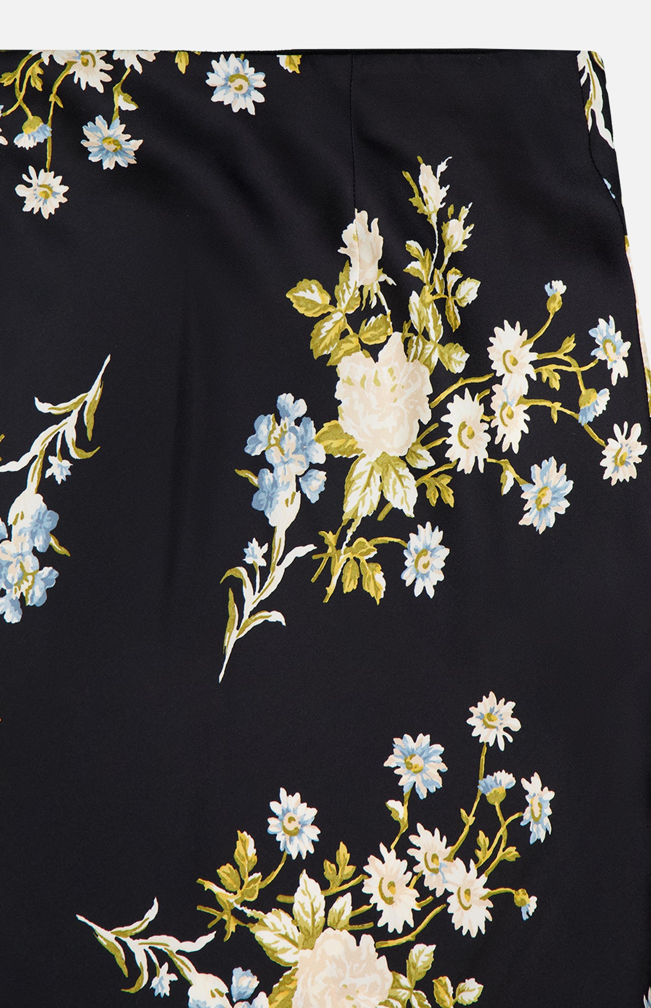 A close-up of the Clover Floral Midi Skirt by VERONICA BEARD, crafted from black stretch georgette fabric with a floral print featuring white, blue, and yellow flowers and green leaves—perfect for adding a fresh touch to your wardrobe.