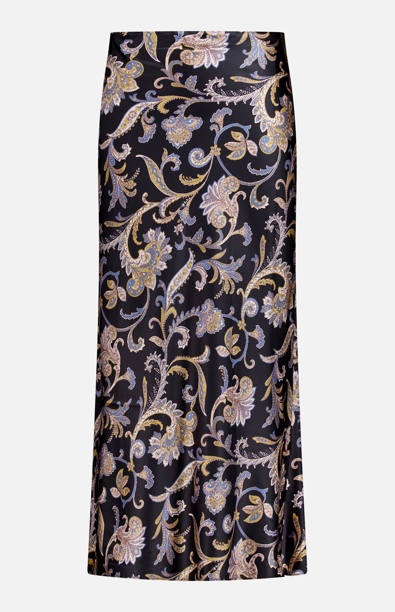 The VERONICA BEARD Clover Paisley Midi Skirt is a 90s-inspired black satin slip skirt with a gold, lilac, and beige paisley floral pattern, shown against a plain white background.