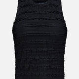 The Ruffled Cropped Jordyn Tank by VERONICA BEARD is a sleeveless black crop top made from stretch jersey, featuring a high neckline and horizontal micro-ruffles for a textured look, shown against a white background.